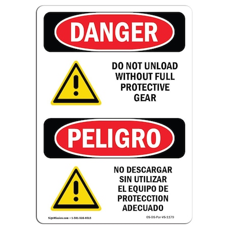 OSHA Danger, Do Not Unload W/O Protective Bilingual, 18in X 12in Decal